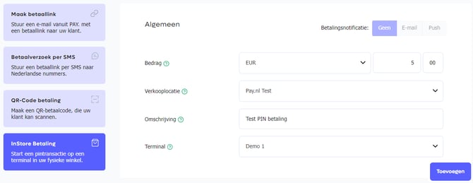PIN betaling aanmaken